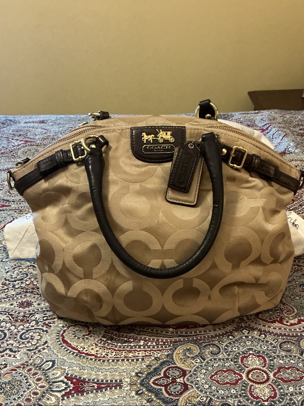 Coach Tan Signature Dome Satchel with Dark Brown Handles